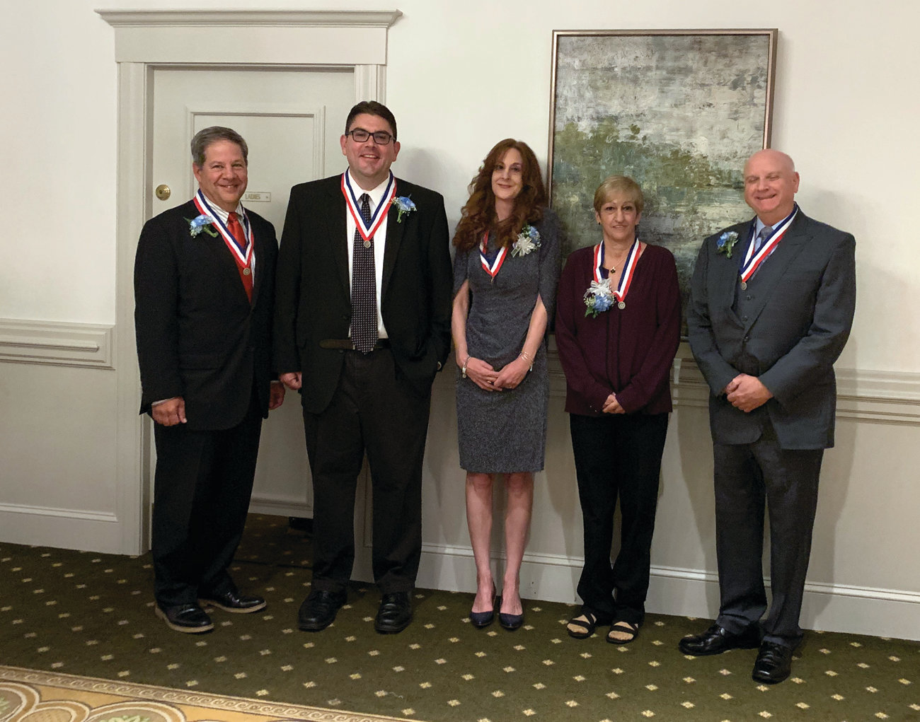 HALL OF FAMERS: The members of the Cranston Hall of Fame’s class of 2019 gather together following Friday’s dinner. Pictured, from left, are Steven Maurano, David Schiappa, Dawn Piechocki – who represented her late father, Leonard D’Errico – Meri Kennedy and Michael Chalek.